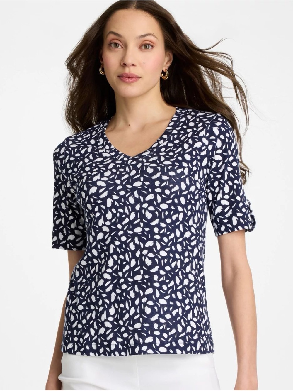 Chico’s Printed Pima V-Neck Tee Size 2 L Navy White 100% Cotton NWOT